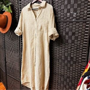Faherty linen striped duster style midi T-shirt dress size medium khaki white